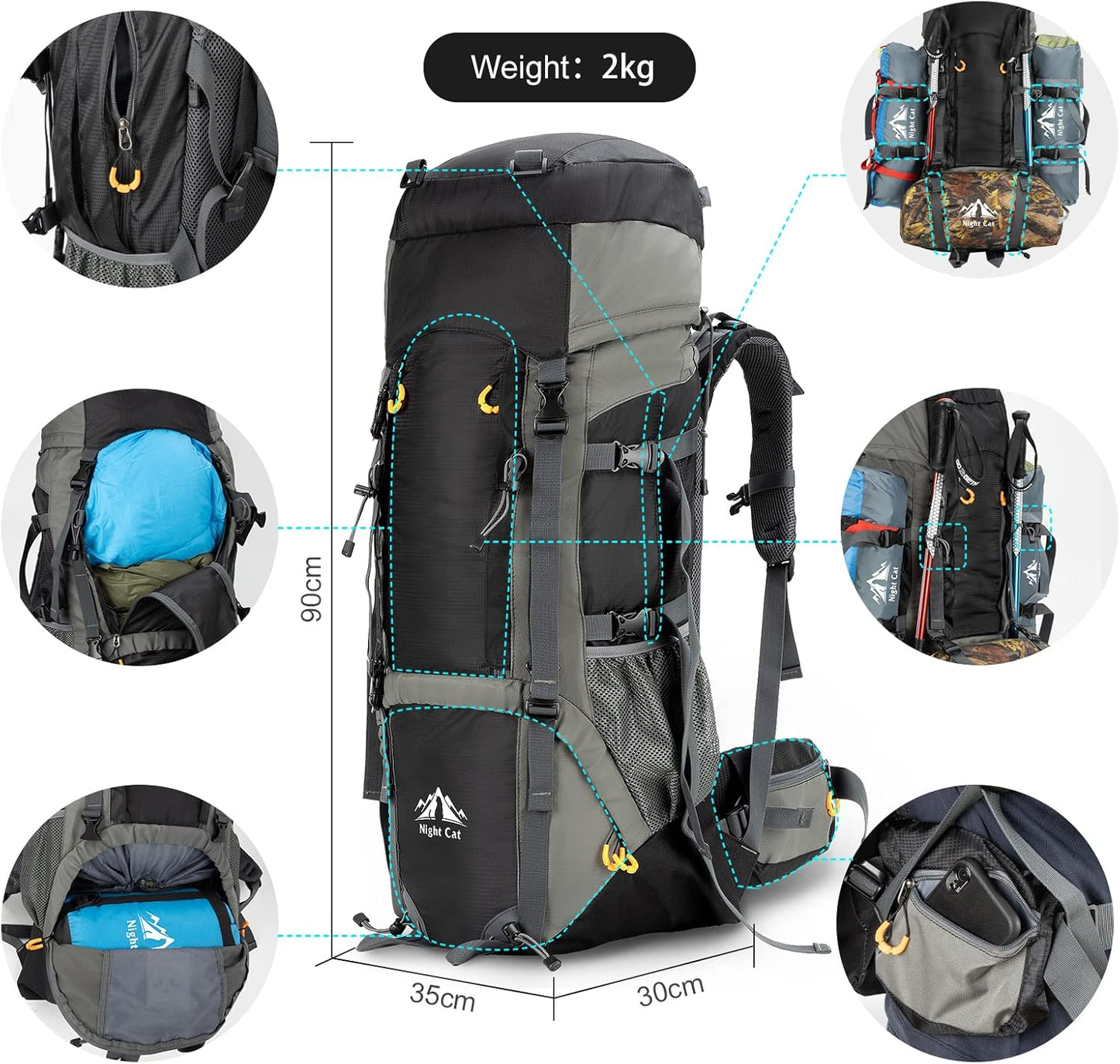 70L Night Cat Hiking Backpack with Internal Frame - Longshot Tactical