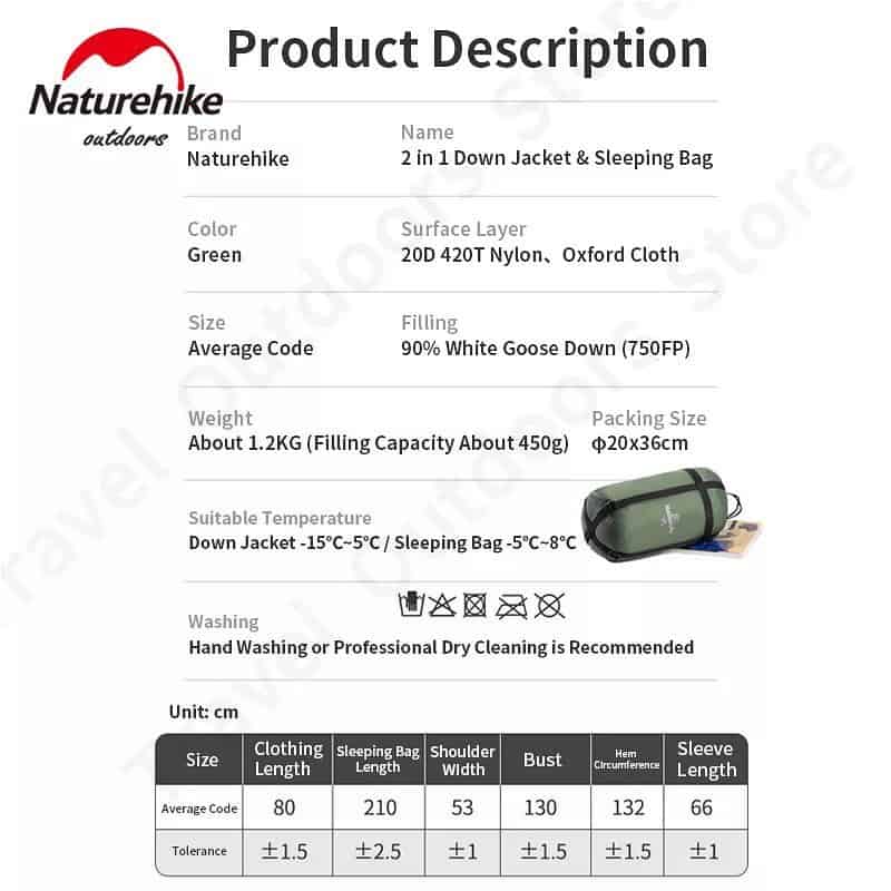 Naturehike 2 in 1 Sleeping Bag and Down Jacket - Longshot Tactical