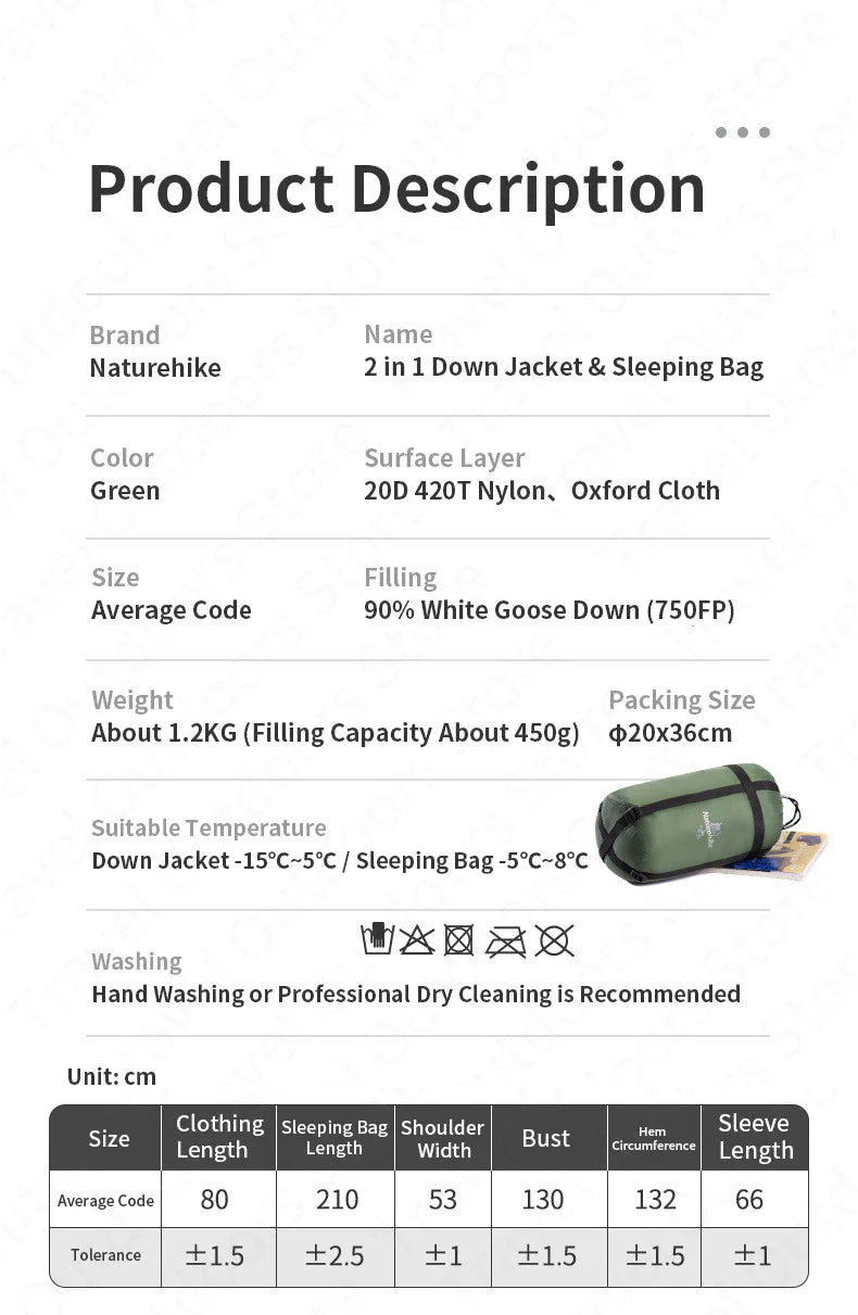 Naturehike 2 in 1 Sleeping Bag and Down Jacket - Longshot Tactical