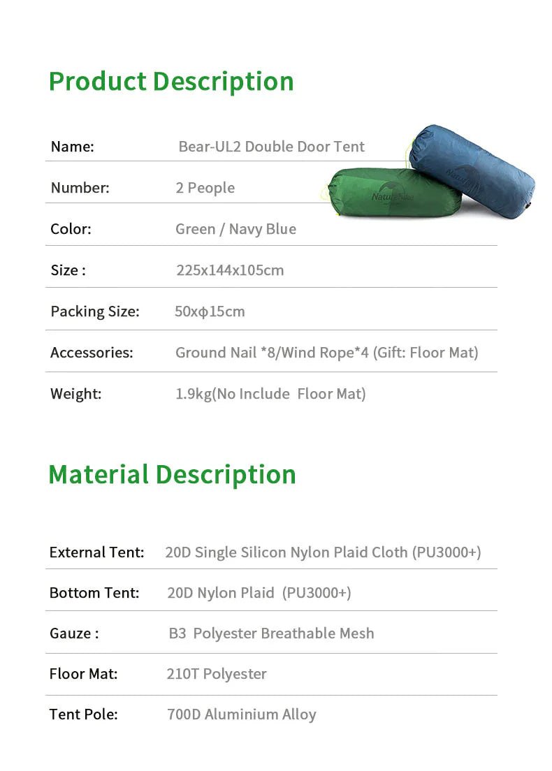 Naturehike Bear - UL2 2 Man Tent (Green) 20D - Longshot Tactical