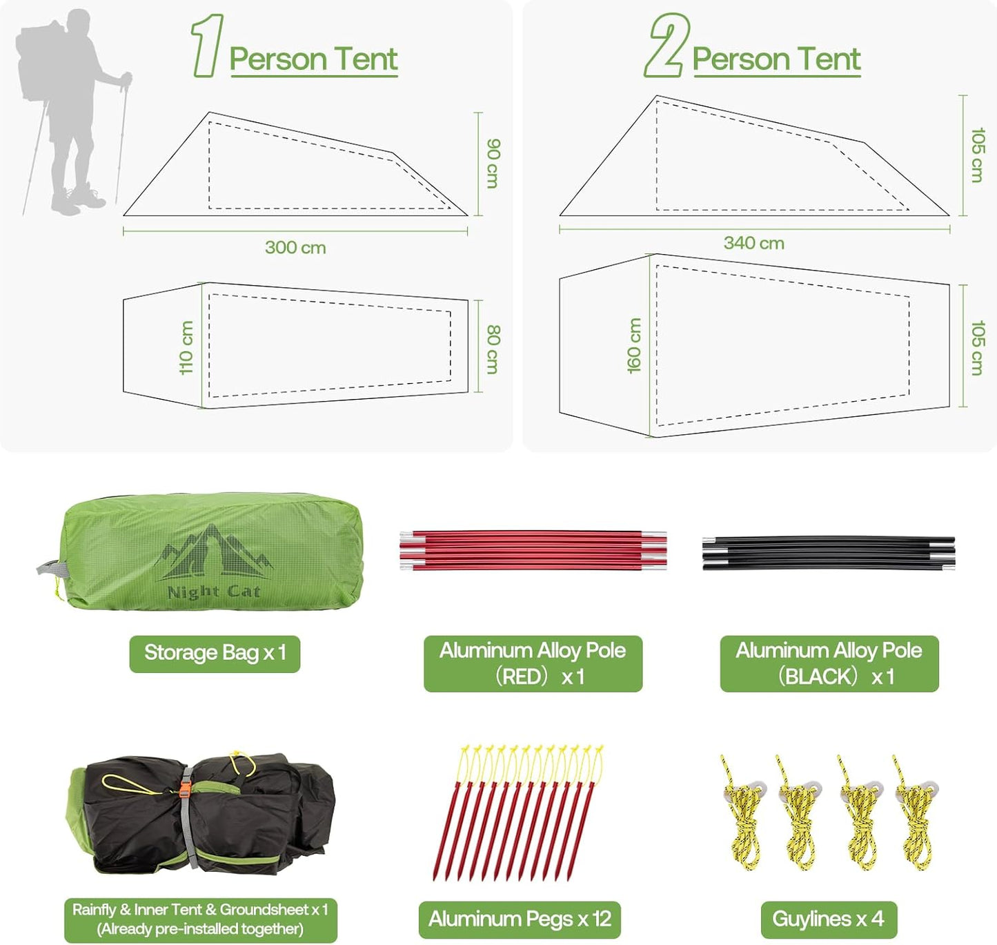 Night Cat 1 Person Ultralight Tunnel Tent – 1.5kg Waterproof - Longshot Tactical