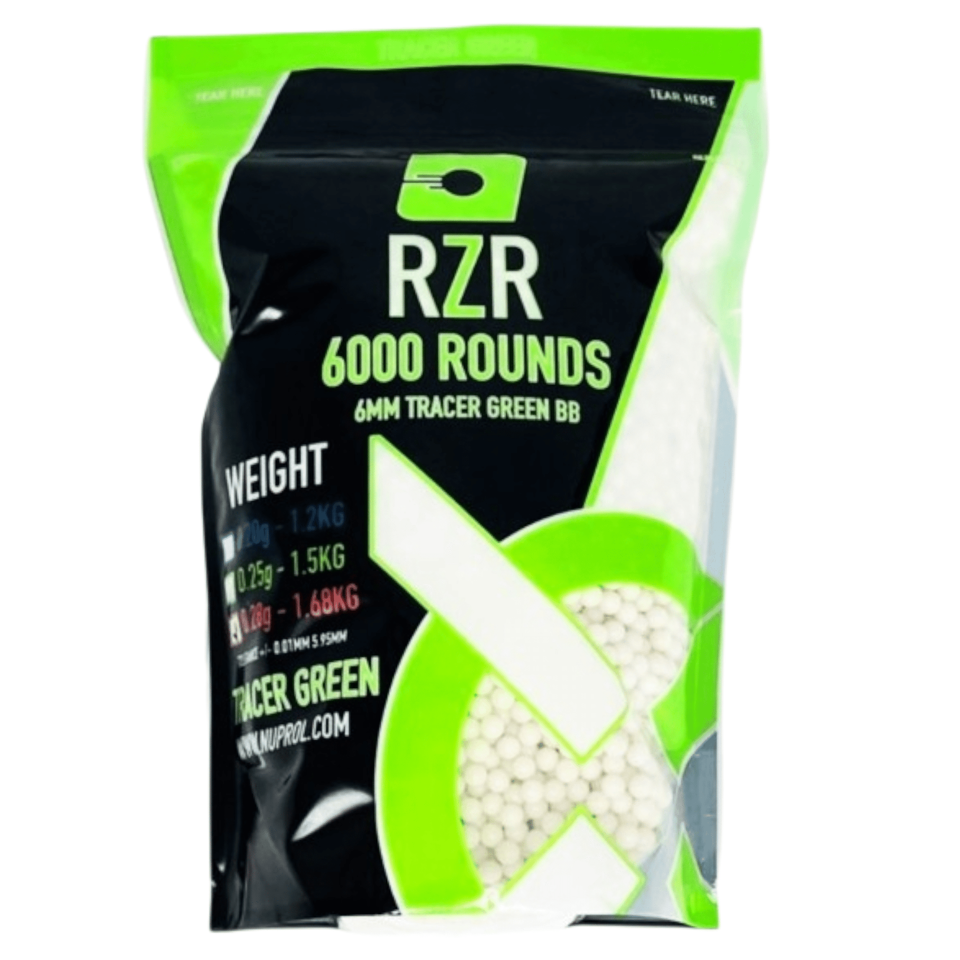 RZR Airsoft BBs Tracer Green (6000R Resealable Bag) (0.28g) 1.68kg - Longshot Tactical